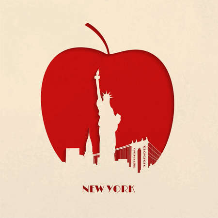 Paper-cut silhouette of New York skyline and statue of Liberty on the Big Appleのイラスト素材
