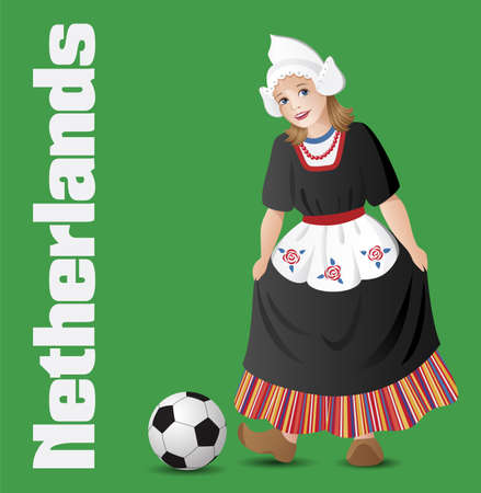 Netherlands as a girl in traditional dutch folk costume with soccer ballのイラスト素材