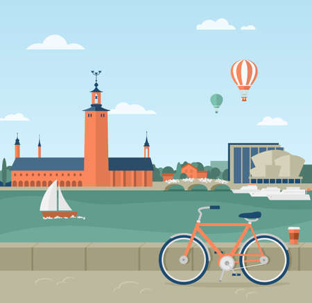 Flat illustration of seaside promenade in Stockholm, Sweden. View of the Town Hall. In the foreground a bicycle and a cup of coffeeのイラスト素材