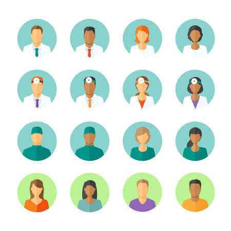 Set of round avatars different medical stuff like general doctor, therapist, surgeon and otolaryngologist. Also icons of patients for medical forumのイラスト素材