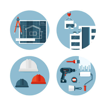 Set of vector icons about construction, tools, ecuipment,  engineering and safety. Flat design. Conceptual illustrations.のイラスト素材