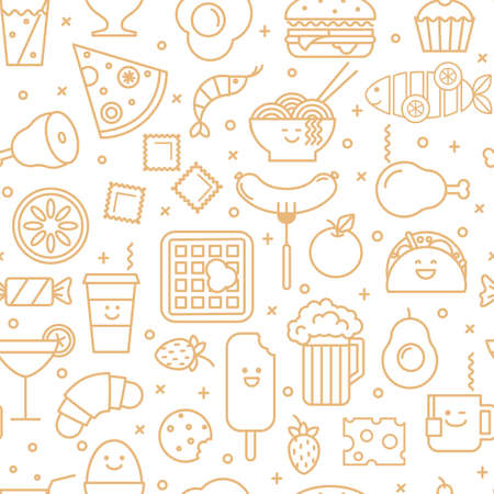 White vector background with beige line icons of  restaurant food like coffee, pizza, eggs, beer, wafer and ice cream. Seamless pattern.のイラスト素材