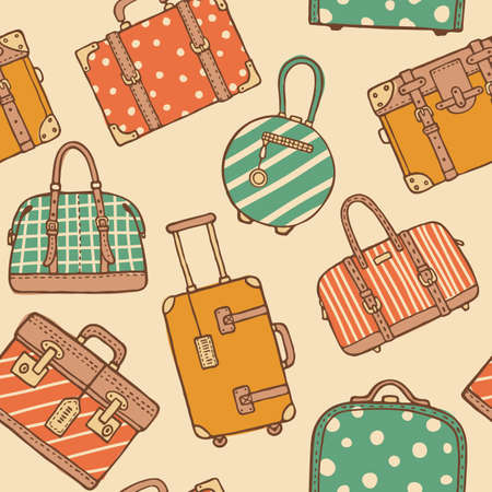 Vector hand drawn sketch style seamless pattern of vintage travel suitcases and bags for packing. Retro pastel colored doodlesのイラスト素材