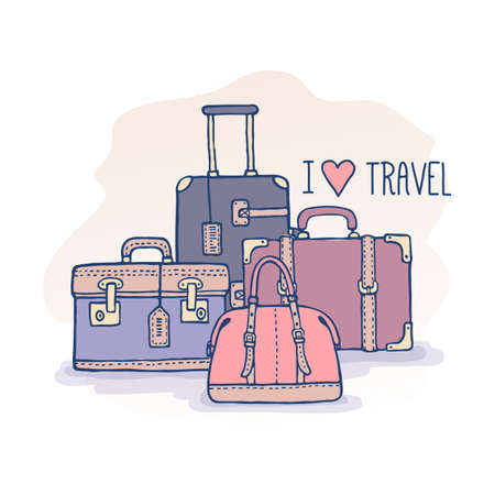 artistic sketch travel bags illustration in pastel colors. Vintage suitcases and bags with text I love travel. Retro style, doodles.のイラスト素材