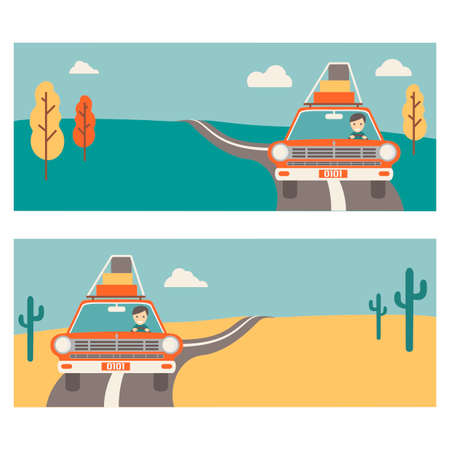 template for banners about travel on the car. 2 banners summer desert and autumn. Happy tourist in the car with luggage, retro style.のイラスト素材