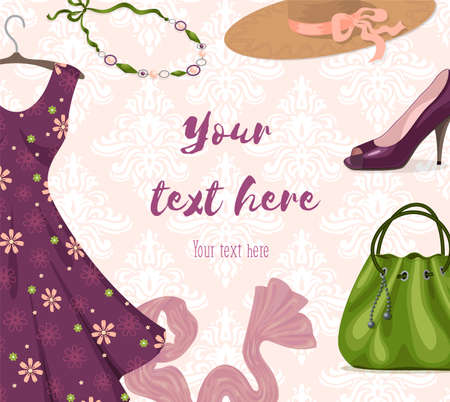 background for clothing retail business or shopping: fancy violet romantic dress, necklace, shoe, handbag, hat, scarf. Trendy style. Youth fashion clothes and accessories. Place for text.のイラスト素材