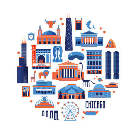 Blue and red set of Chicago' famous landmarks. Flat style designed historic buildings, sightseeing  on white background.のイラスト素材