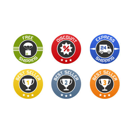 set of flat icons or badges for online selling. Free and express shipping, discount and gold, silver and bronze best seller.のイラスト素材