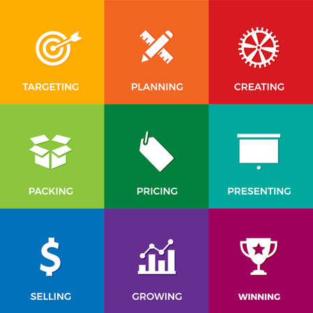 Vector set of white flat icons on business and marketing theme: like planning, selling, presenting and growingのイラスト素材
