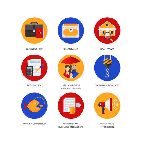 Vector icons of legal services like business and construction law, real estate, inheritance and tax control. Flat designのイラスト素材