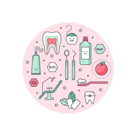 Vector scientific background with outlined icons about dentist equipment. Fun educational style, good for kids. Stomatology and Orthodontics Tools, tooth structure.のイラスト素材