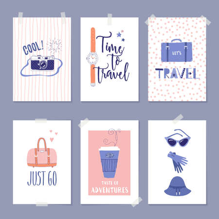 Vector set of templates with travel illustrations and lettering. For greeting card, poster, label or banner design. Retro 50's style.のイラスト素材