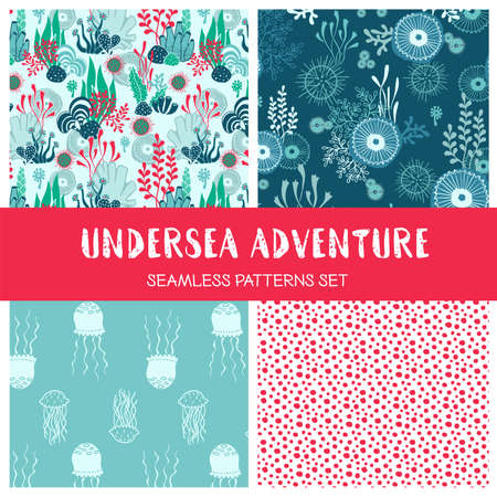 Vector set of hand drawn underwater seamless pattern with seaweeds jellyfish and other sea plants and habitantsのイラスト素材