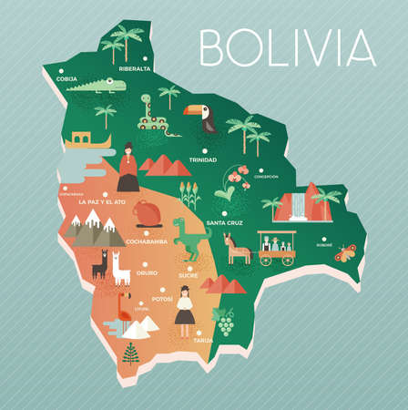 Vector illustration map of Bolivia with nature, animals and people in traditional clothes. Flat design styleのイラスト素材