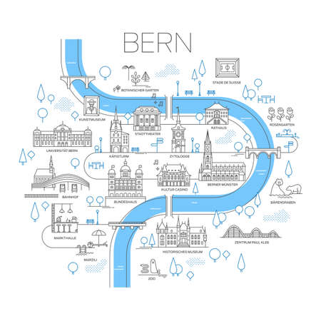 Vector illustrated map of Bern, Switzerland. stylized landmarks and famous places. Line art.のイラスト素材