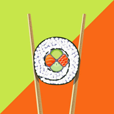Sushi roll with chopsticks on the bright backgroundのイラスト素材