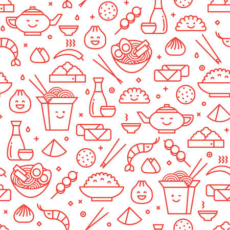Vector line art seamless pattern of Chinese cuisine in outlined icons. Traditional food of different provinces of China take out boxes, noodles, dim sum, ramen and spring rolls.のイラスト素材