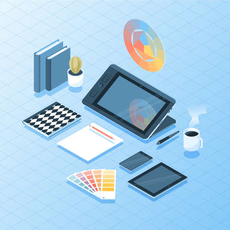 Vector illustration of isometric 3D desk with designer or artist equipment including tablet,mobile devices and coffee cup.のイラスト素材
