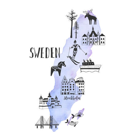 Hand drawn map of landmarks of Swedenのイラスト素材