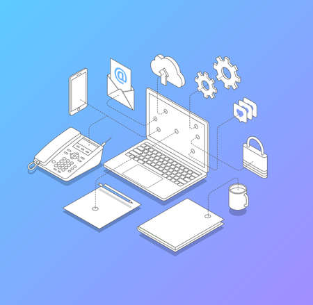 Illustration for Line vector illustration of office desk for IT solutions. such us computer connection, telephony, internet security. Modern isometric style. - Royalty Free Image