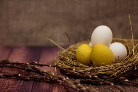 white and yellow Easter eggs and pussy willow on wooden background.
