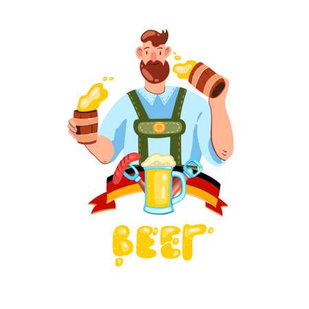 Vector hand drawn logo with happy man with beard in traditional German costume holding two mugs of beer. Flat style illustration with flag, glass, opener, sausage. Isolated on white.のイラスト素材