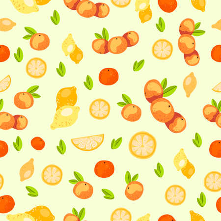 Vector hand drawn botanical seamless pattern with lemon, green leaves and orange. Background for eco products, apparel, green tea package, café menu. Wallpaper with tropical fruit.のイラスト素材