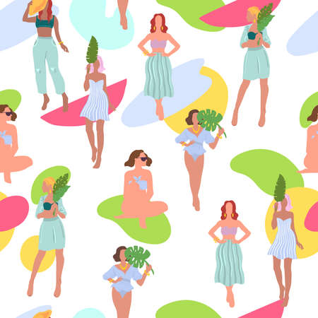Vector seamless pattern with different looking girls isolated on white. Summer fashion texture with abstract shapes. Female characters in summer bikinis and skirts in cartoon flat style.のイラスト素材