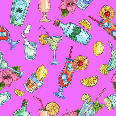 Vector hand drawn colorful seamless pattern with alcoholic beverages, tropical cocktails, Mexican tequila and Caribbean rum on pink background. For apparel, menu, wrapping paper, wallpaper.のイラスト素材