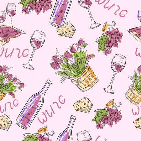 Vector romantic seamless pattern with wine glasses, bottles, tulips, grapes and cheese. Hand drawn background for menu, wine presentation production, testing events decoration etc.のイラスト素材