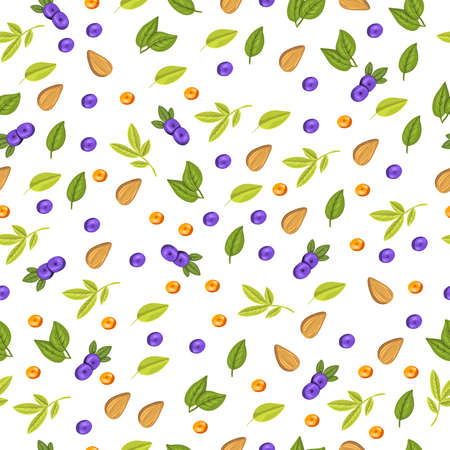 Vector herbal seamless pattern with green leaves, small blueberries and almond. Simple texture for wallpapers, apparel, wrapping, package, linen. White background.のイラスト素材
