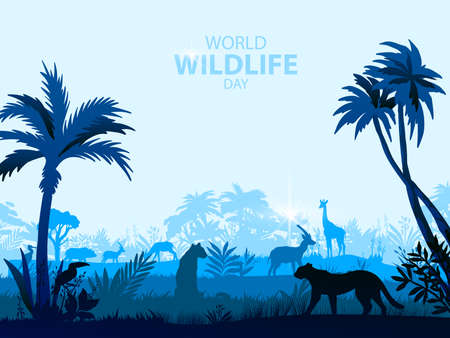 World wildlife day poster with palms, African animals, savannah landscape in mist. Exotic tropical background with cheetah, panther, giraffe, toucan outlines in trendy blue colors. のイラスト素材