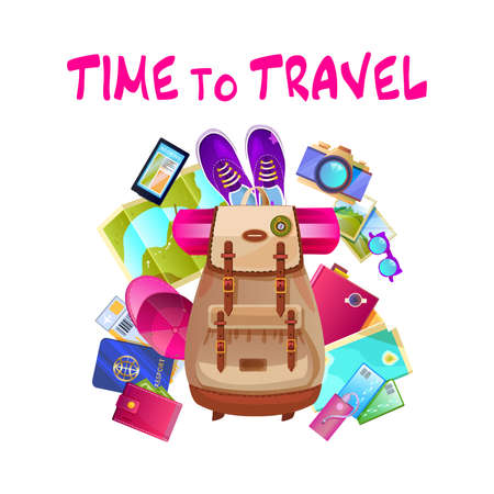 Travel vector illustration with bag pack, hat, map, credit card, wallet, photo camera, sunglasses, ticket, passport isolated on white. Summer camping concept in cartoon style. のイラスト素材