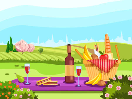 Vector stock illustration with summer romantic picnic scenery. Blanket with wine, glasses, fruit, baguette, sandwiches and basket in cartoon style. Outdoor meal background with copy spaceのイラスト素材