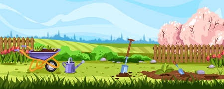 Horizontal spring landscape with backyard, gardening equipment and flowerbed with seedling. Banner with fields, fence, pink blooming trees, garden, wheelbarrow, shovel and tulips.のイラスト素材