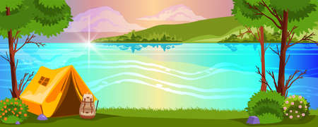 Horizontal forest landscape with tent, trees, lake, bag pack blooming bushes. Summer camping and vacation background with bivouac, river bank. Outdoor weekend poster for landing pages, advertisementsのイラスト素材