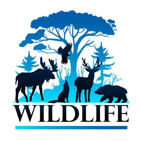 Wildlife vector poster with trees, pine, elk, wolf, deer, bear and eagle in blue trendy colors. Forest animalsâ black silhouettes for prints, logos, labels, banners. Eco save nature conceptのイラスト素材