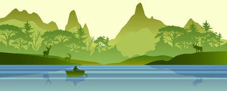 Horizontal misty forest with mountains, hills, river and stags. Panoramic landscape with lake and boat silhouette. Wildlife green background with coniferous north woods. のイラスト素材