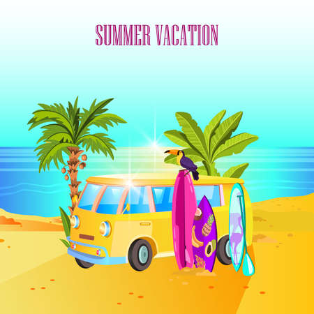Summer California banner with palm, yellow van, surfboards, toucan in cartoon style. Colorful ocean beach background with copy space. Outdoor leisure concept for posters, advertisements, gamesのイラスト素材