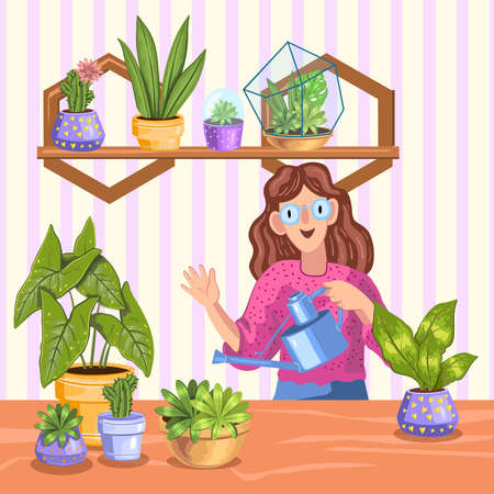 Cute young woman with watering can taking care of topical plants, succulents and cactuses in pots and florariums. Happy girl with house plants at her home garden. Vector illustration in cartoon styleのイラスト素材