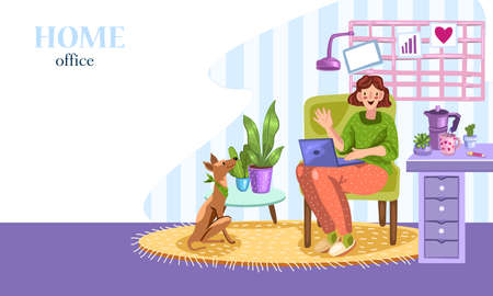 Young freelance woman sitting with her laptop in comfortable armchair. Cozy home office with carpet, table, houseplants and cute dog. Vector illustration for landing pages and banners in cartoon styleのイラスト素材