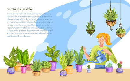 Cute blonde florist in greenhouse or floral store watering the plants. Young woman with her large tropical collection of cactuses and succulents. Vector concept in modern cartoon style.のイラスト素材