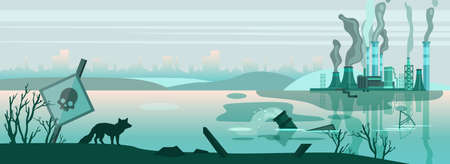 Urban horizontal banner with factory pipes emitting toxic smoke and sewage. Environment pollution concept in flat style. Plant near the river in grey colors with skull signboard and suffering fox のイラスト素材