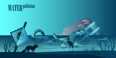 Water pollution concept in trendy blue colors with skull signboard, suffering animals and birds, plastic, garbage, sewage pipes. Environmental chemical and plastic pollution background.のイラスト素材