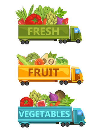 Vector stock set of illustrations with green, yellow and blue truck full of fresh vegetables, fruit and berries. Farm products delivery concept in cartoon style. Logo for distribution business owners. のイラスト素材