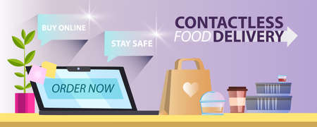 Vector horizontal contactless delivery banner with laptop, package with food, coffee and dessert. Online shopping concept for web pages, advertisements, applications. Quarantine flat style backgroundのイラスト素材