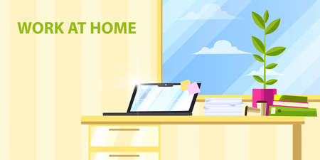 Horizontal home workspace banner with laptop, table, window, papers, coffee cups, plant, books in flat style. Quarantine concept with copy space. Freelance background with different office objectsのイラスト素材