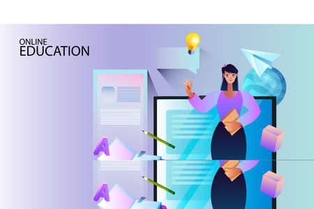 Vector online education banner with female tutor, laptop, book, pencil, chat window, bulb, paper airplane. E-learning concept with young teacher in flat style. Video courses backgroundのイラスト素材