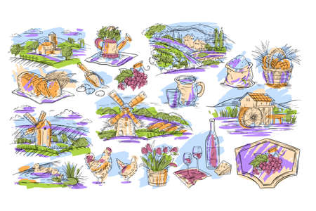 Vector set of farming illustrations in engraving vintage style with colorful brushstrokes on the background. For labels, logos, prints, natural products polygraphy, menu, wine labels, etc. Isolated.のイラスト素材