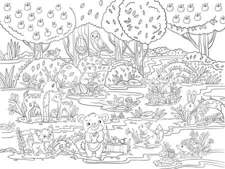 Vector coloring page with cute forest animals, plants, trees, mushrooms and flowers. Doodle coloring book with baby bear, fox, beaver, squirrel, hare, owl, hedgehog. Isolated on white.のイラスト素材